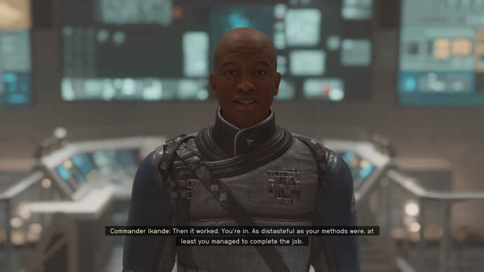 The player speaks with UC Commander Kibwe in Starfield