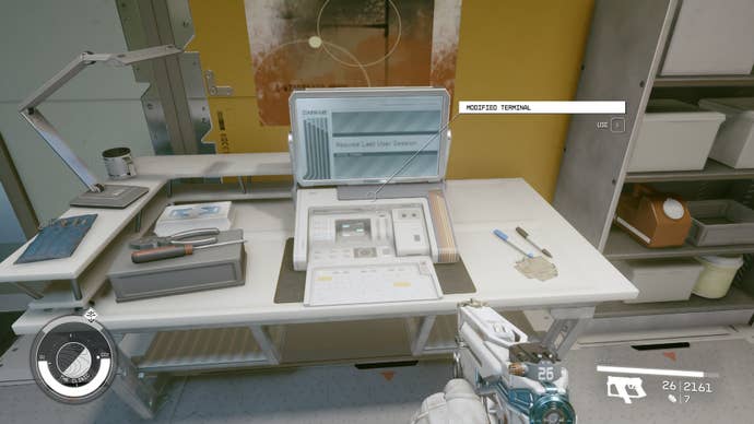 The player faces a computer terminal in Maya Cruz's room in the Clinic in Starfield