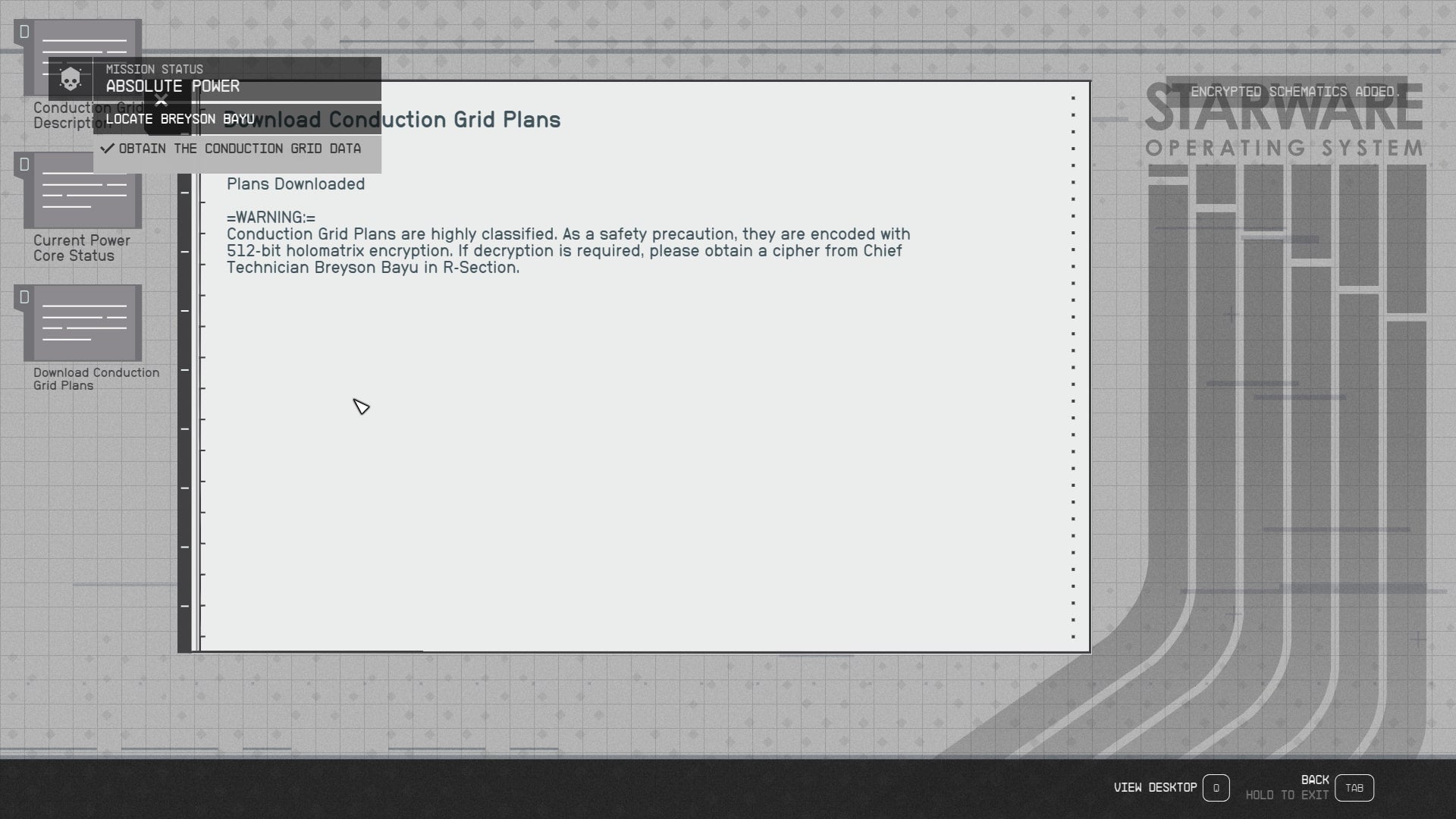 The player reads the Construction Grid Plans from a PC in Generdyne Industries in Starfield