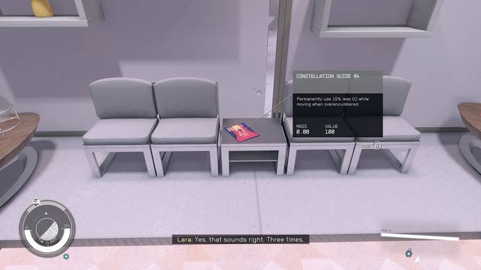 first person view of looking at a skill book on tbale between chairs in a white room