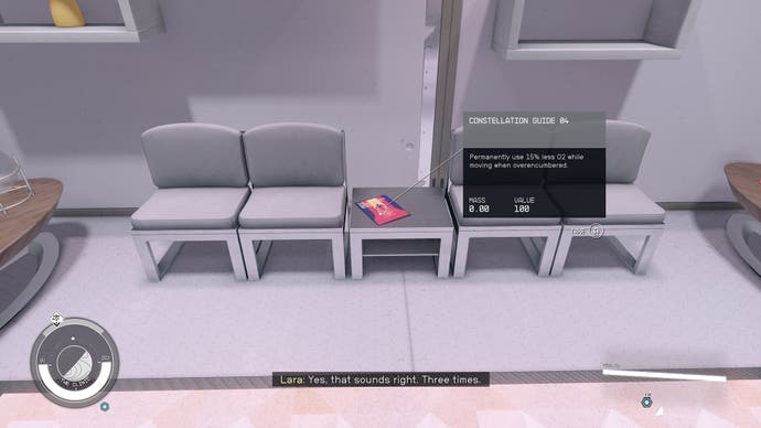 first person view of looking at a skill book on  tbale between chairs in a white room