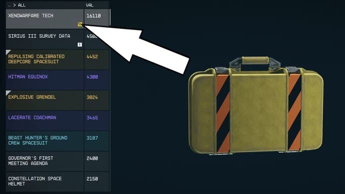 white arrow pointing to yellow contraband symbol in the item menu