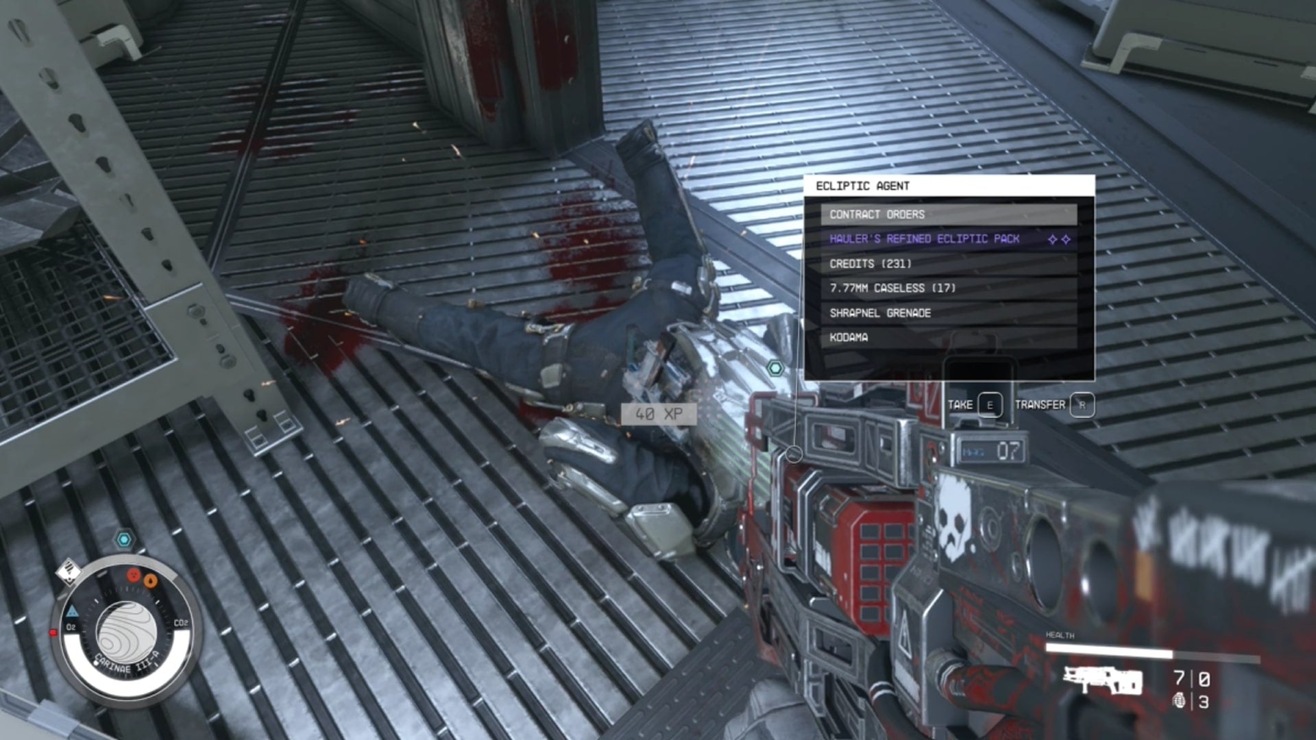 The player faces an Ecliptic Agent corpse which holds some Contract Orders at CM Station RC-1 in Starfield - 5