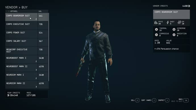 The player has the Corpo Boardroom Suit equipped, purchased from the Ryujin Tower lobby in Starfield