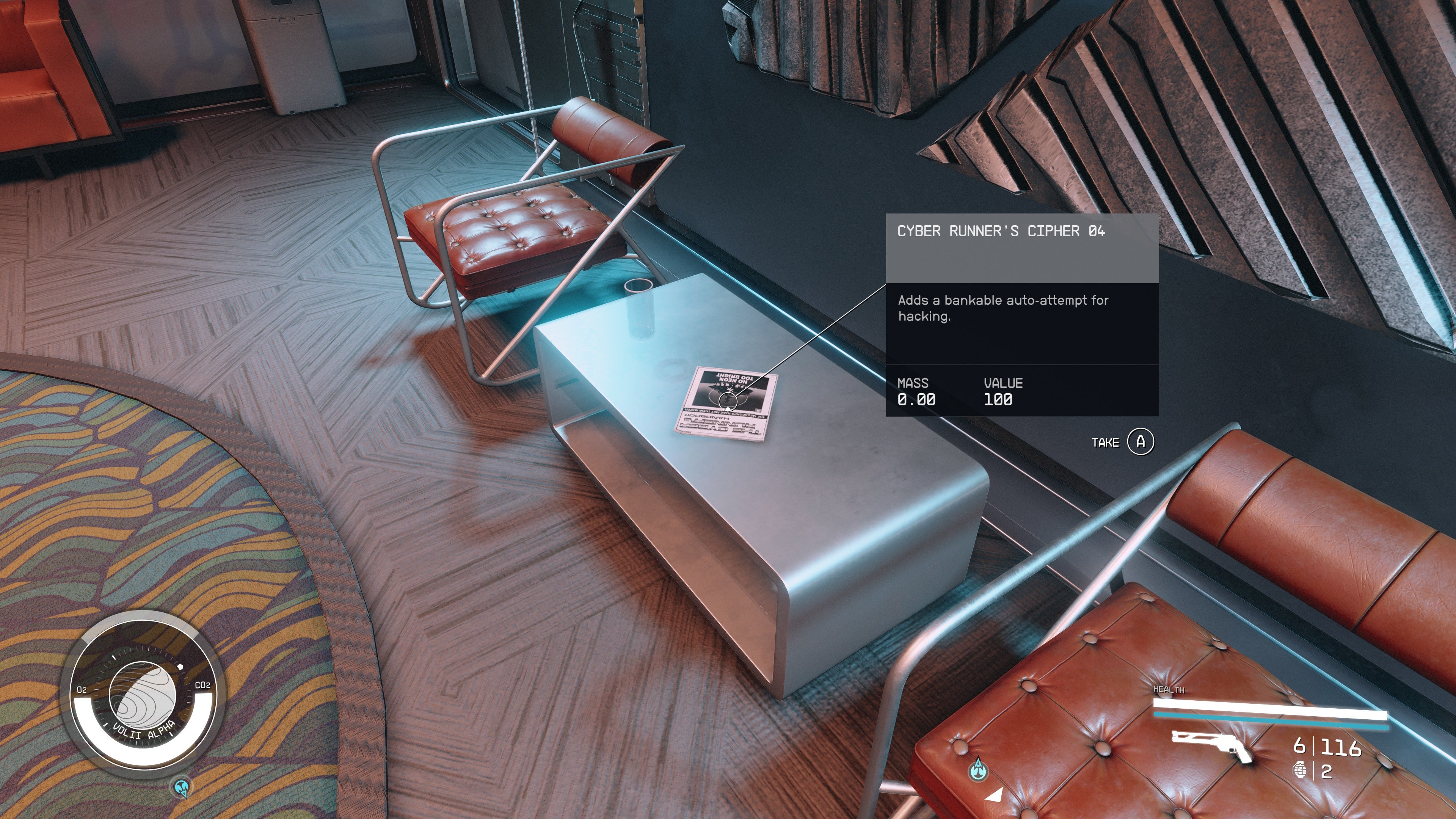 first person view of cyber runners cipher skill book on a silver table between two red chairs