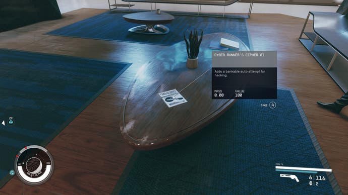 first person view of cyber runners cipher skill book on a brown coffee table in a building lobby