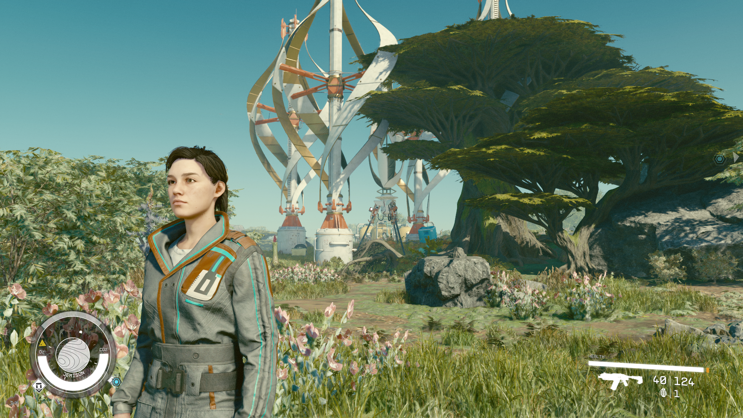 Starfield running at upscaled 1440p using DLSS 2, with rendering resolution set to 75%.