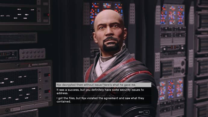 The player speaks with Dalton Fiennes in Ryujin Tower in Starfield