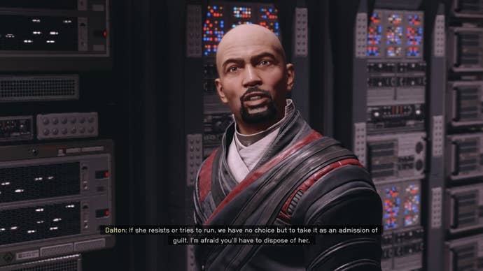 The player speaks with Dalton in his office in Ryujin Tower in Starfield