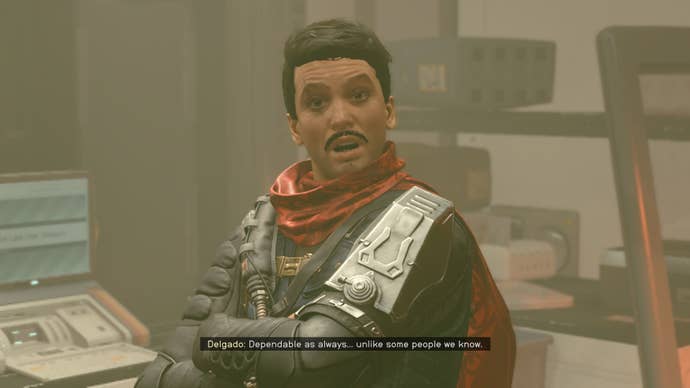 The player speaks with Delgado in the repair bay of the Key in Starfield