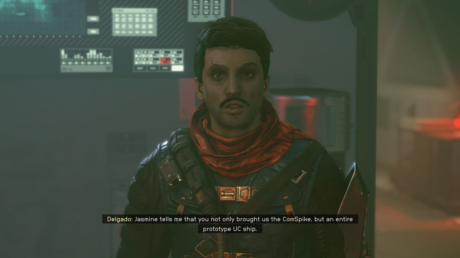 The player speaks with Delgado of the Crimson Fleet in Starfield