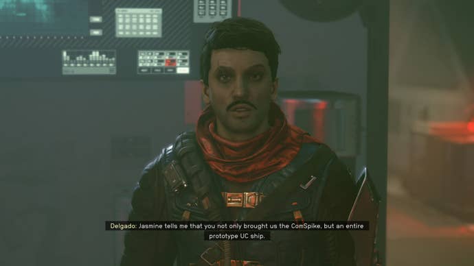 The player speaks with Delgado of the Crimson Fleet in Starfield