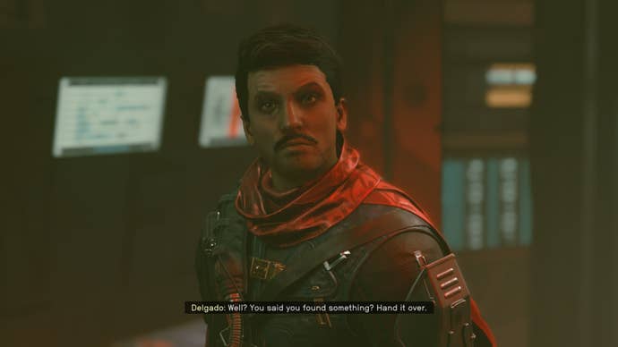 The player speaks with Delvado aboard the Key in Starfield