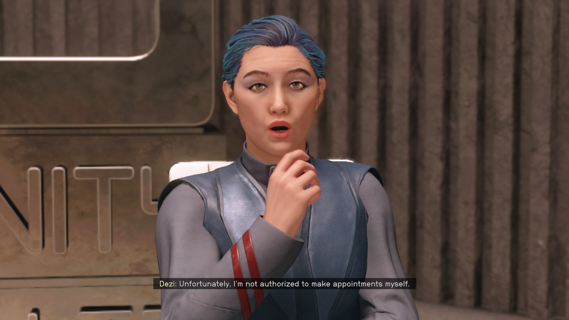 The player speaks with Dezi in the Infinity LTD lobby in Starfield