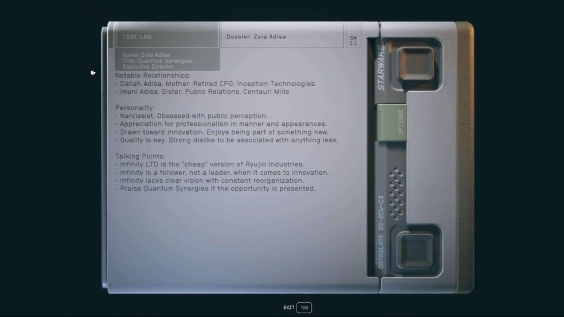 The player reads a dossier in Starfield