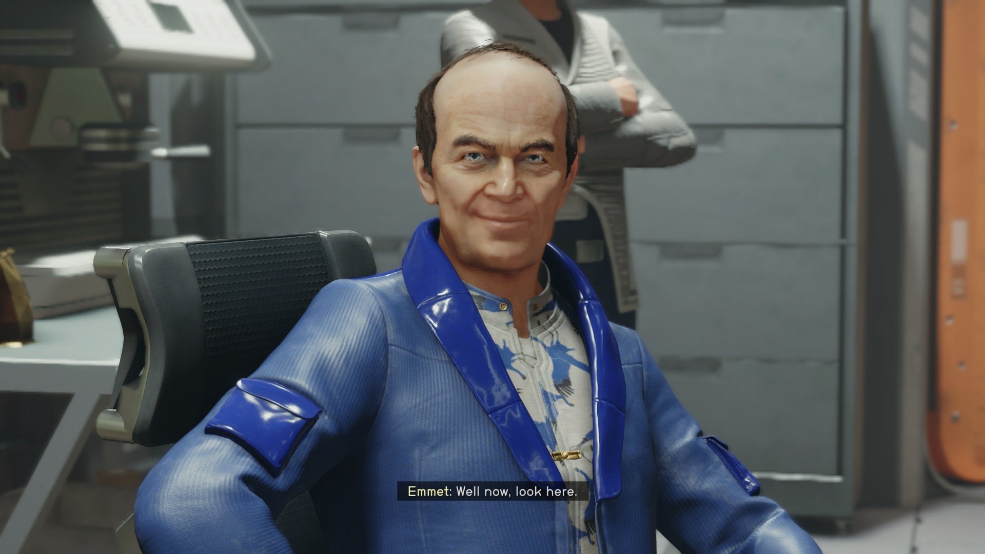 The player speaks with Emmet Goodman in his office in Starfield