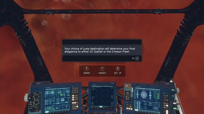 ship first person view of looking at red mist in space with a pop up box warning that taking the legacy ship to a location determines who you side with