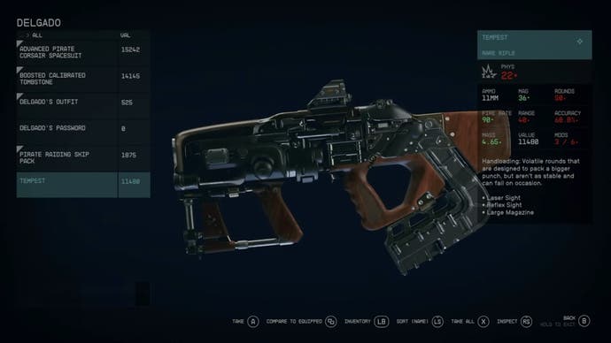 menu view of the tempest rifle with rare tier stats