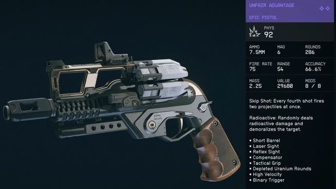 menu view of the unfair advantage pistol with epic tier stats