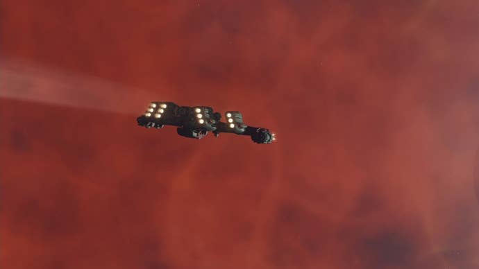 a maroon and green space ship flying through red mist in space