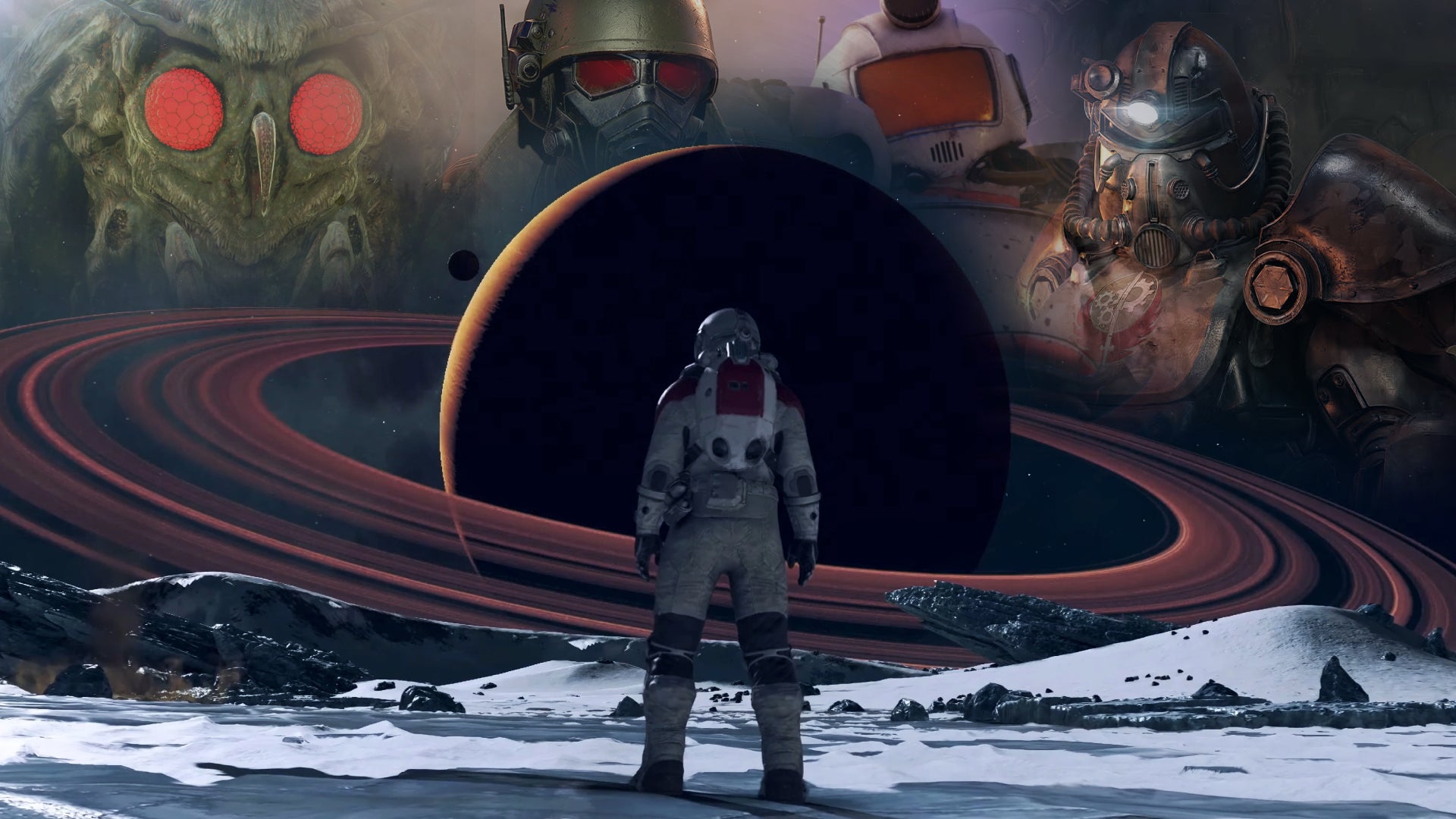 A spaceman from Starfield stands at the foot of a ringed planet, and the shadows of mothman, a courier, and two power armour figures from Fallout 76 loom above them. - 1