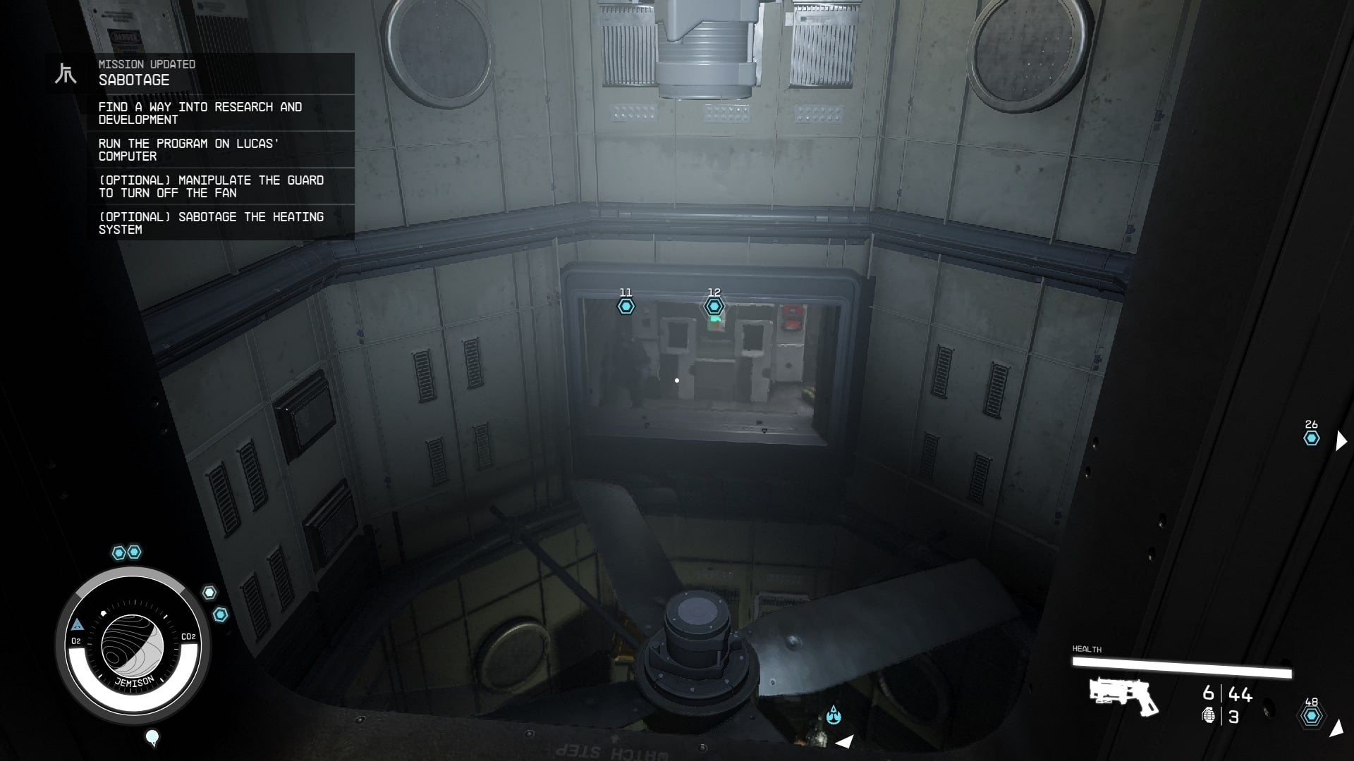 The player faces a moving fan and a small office with a guard in it in Starfield - 9
