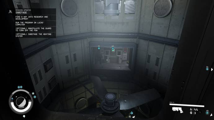 The player faces a moving fan and a small office with a guard in it in Starfield