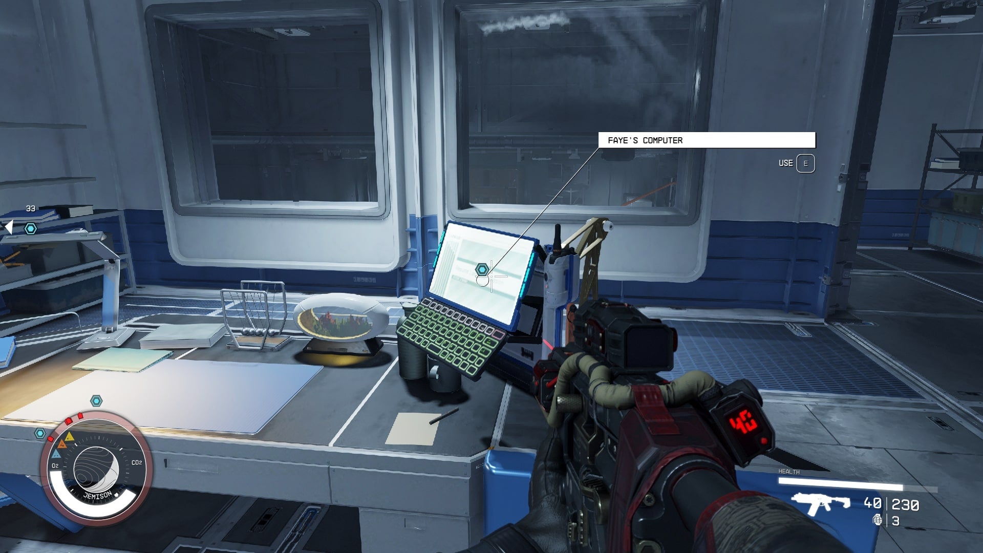 The player faces Faye&rsquo;s PC in Infinity LTD in Starfield