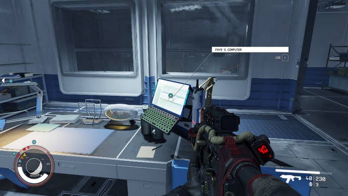 The player faces Faye’s PC in Infinity LTD in Starfield