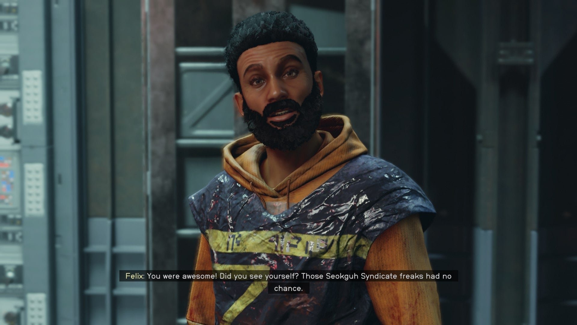 The player speaks with one of Yannick&rsquo;s men, Felix, in a warehouse in Neon in Starfield