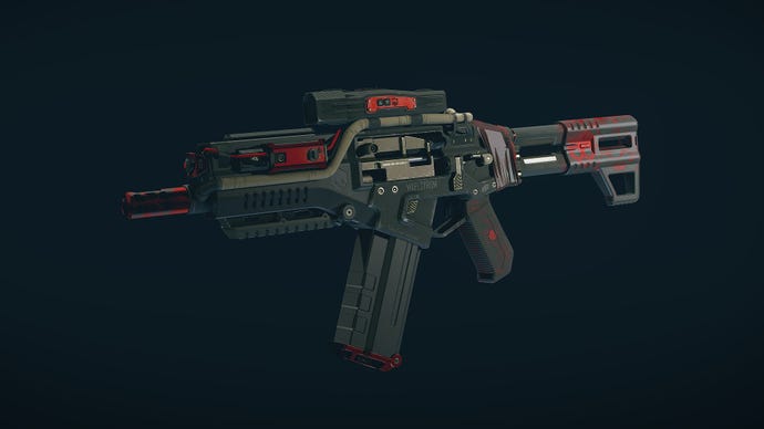 Starfield image showing a close up of the Fiscal Quarter weapon.