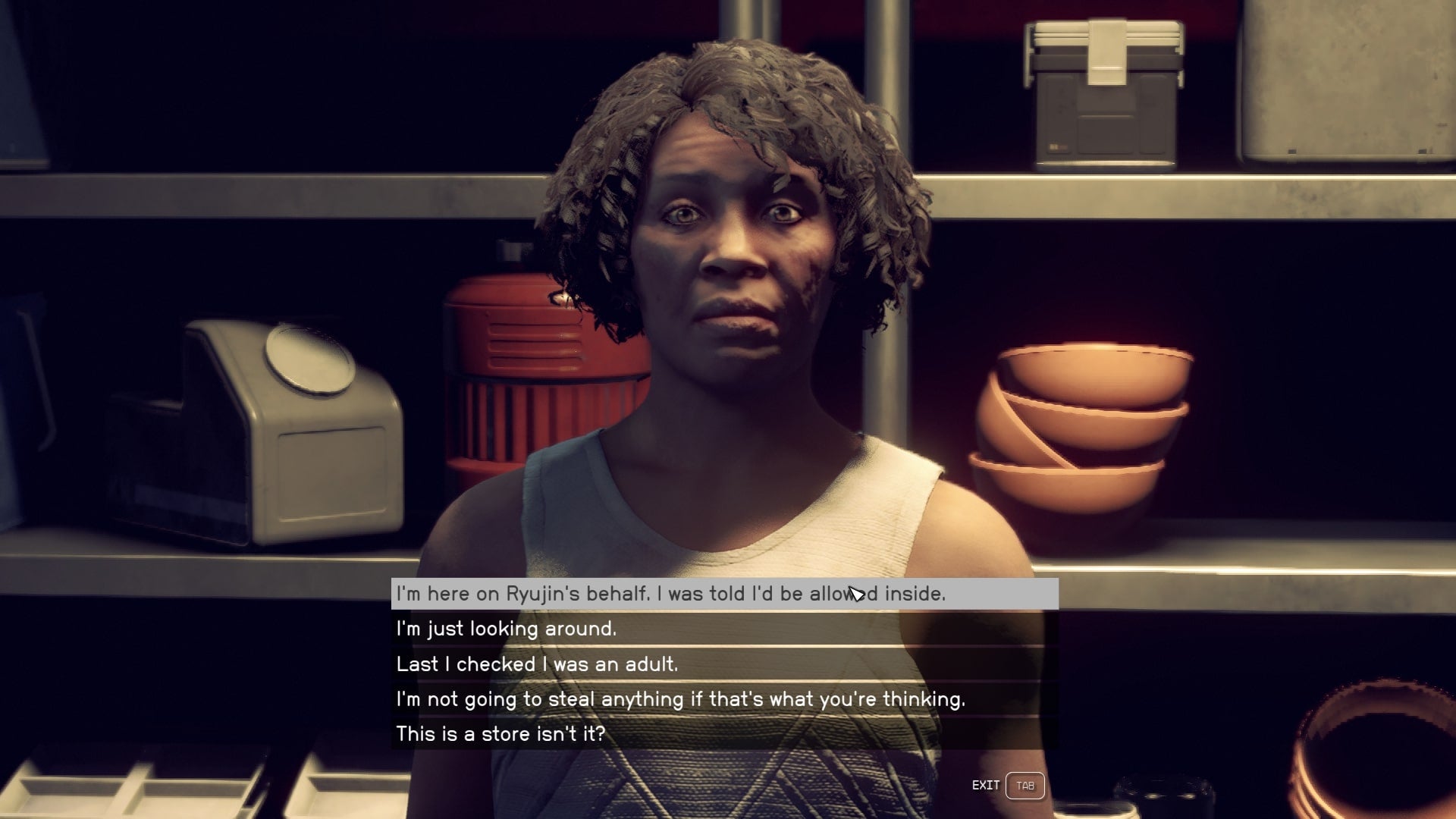 The player speaks with Frankie of Frankie's Grab & Go in Ebbside in Starfield - 6