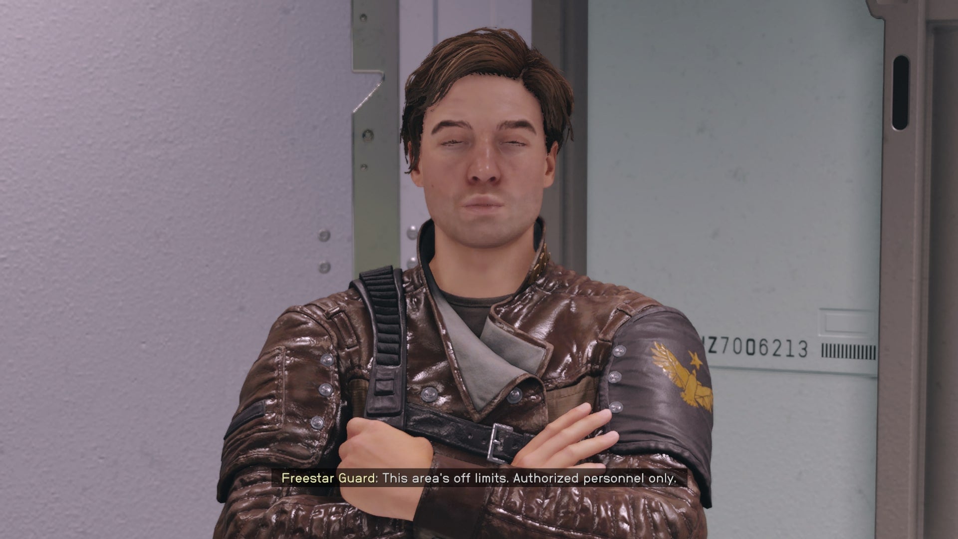 The player speaks with a Freestar Guard in the Clinic in Starfield