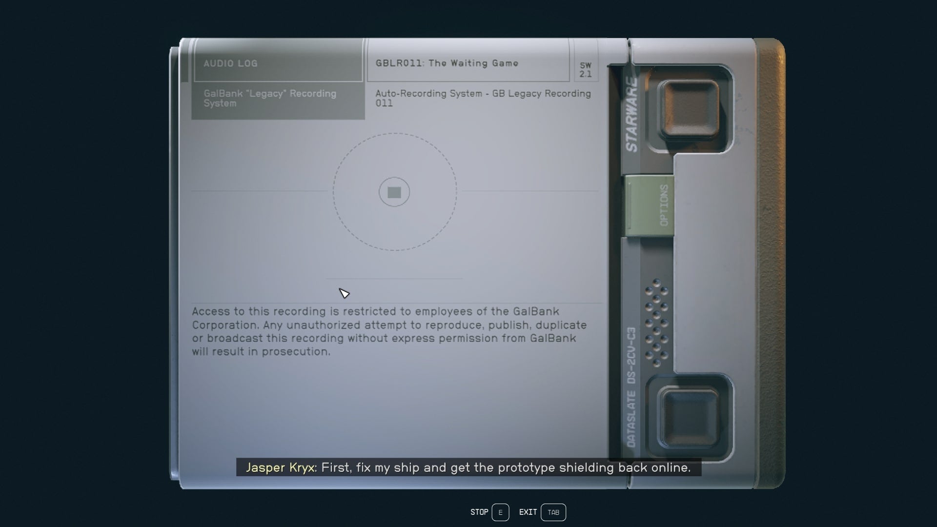 The player listens to an audio log found on Jasper Kryx&rsquo;s corpse in Starfield