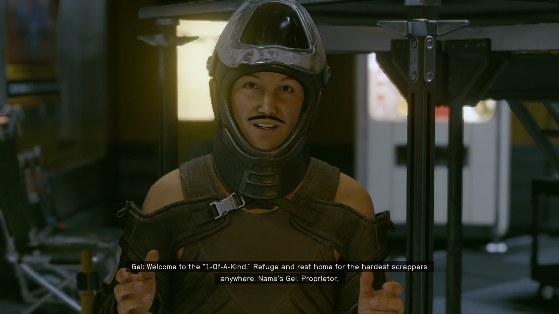 The player speaks with Gel in the 1-Of-A-Kind-Salvage garage in Starfield - 4