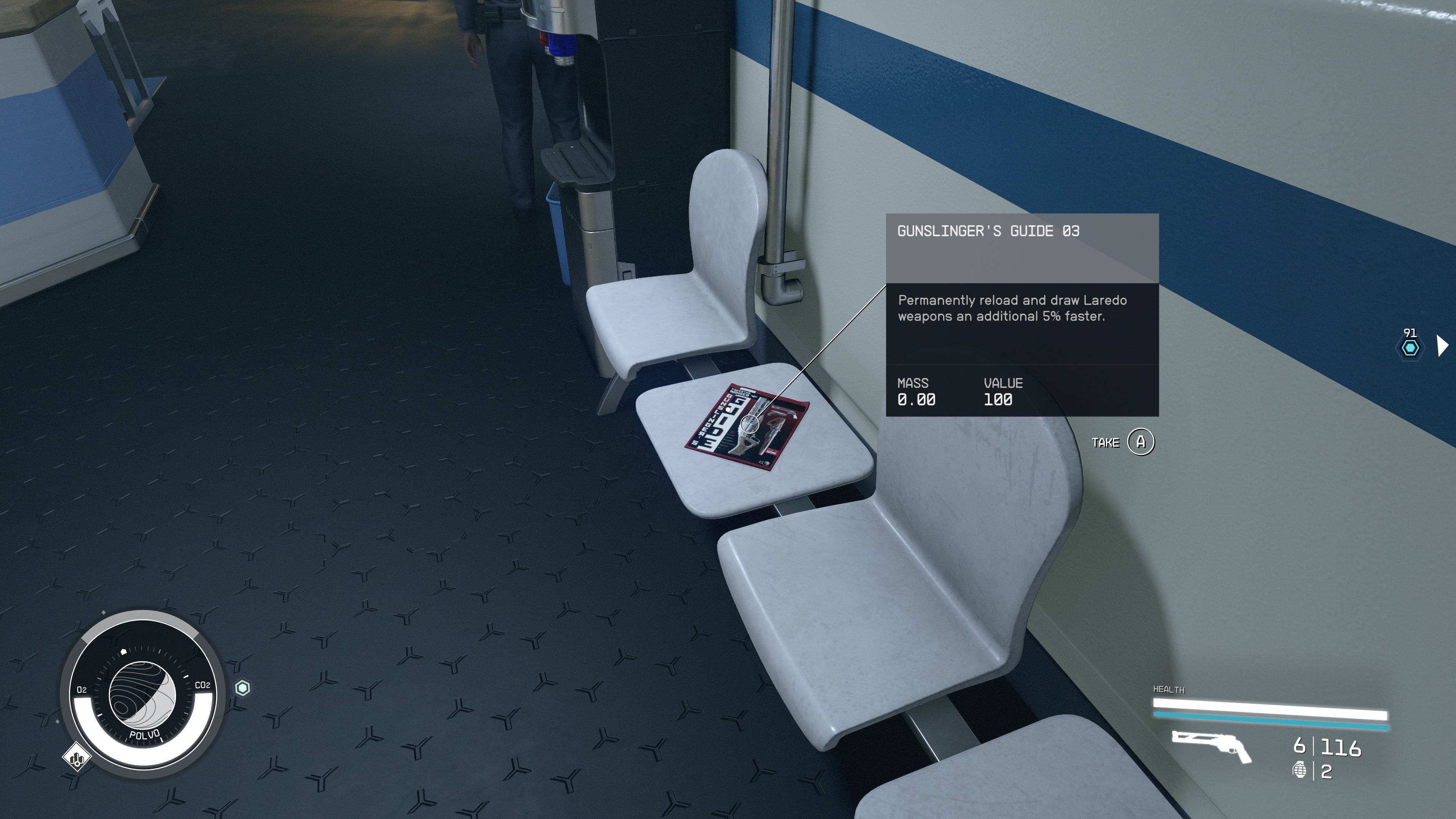 first person view of a gunslingers guide skill book on a set of white waiting chairs