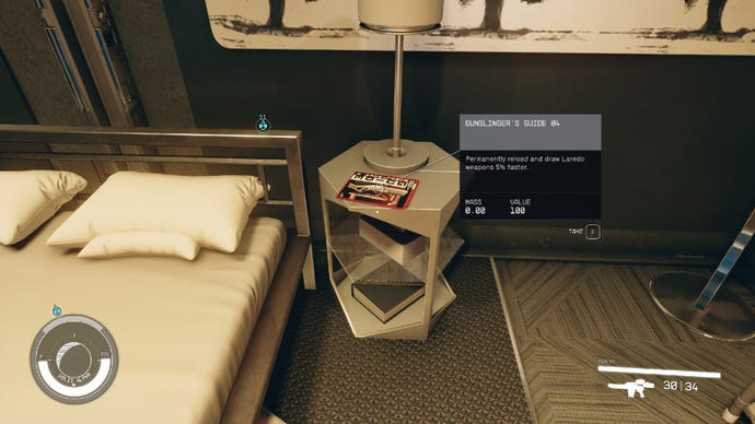 Starfield image showing a player staring at a skill book on a table.