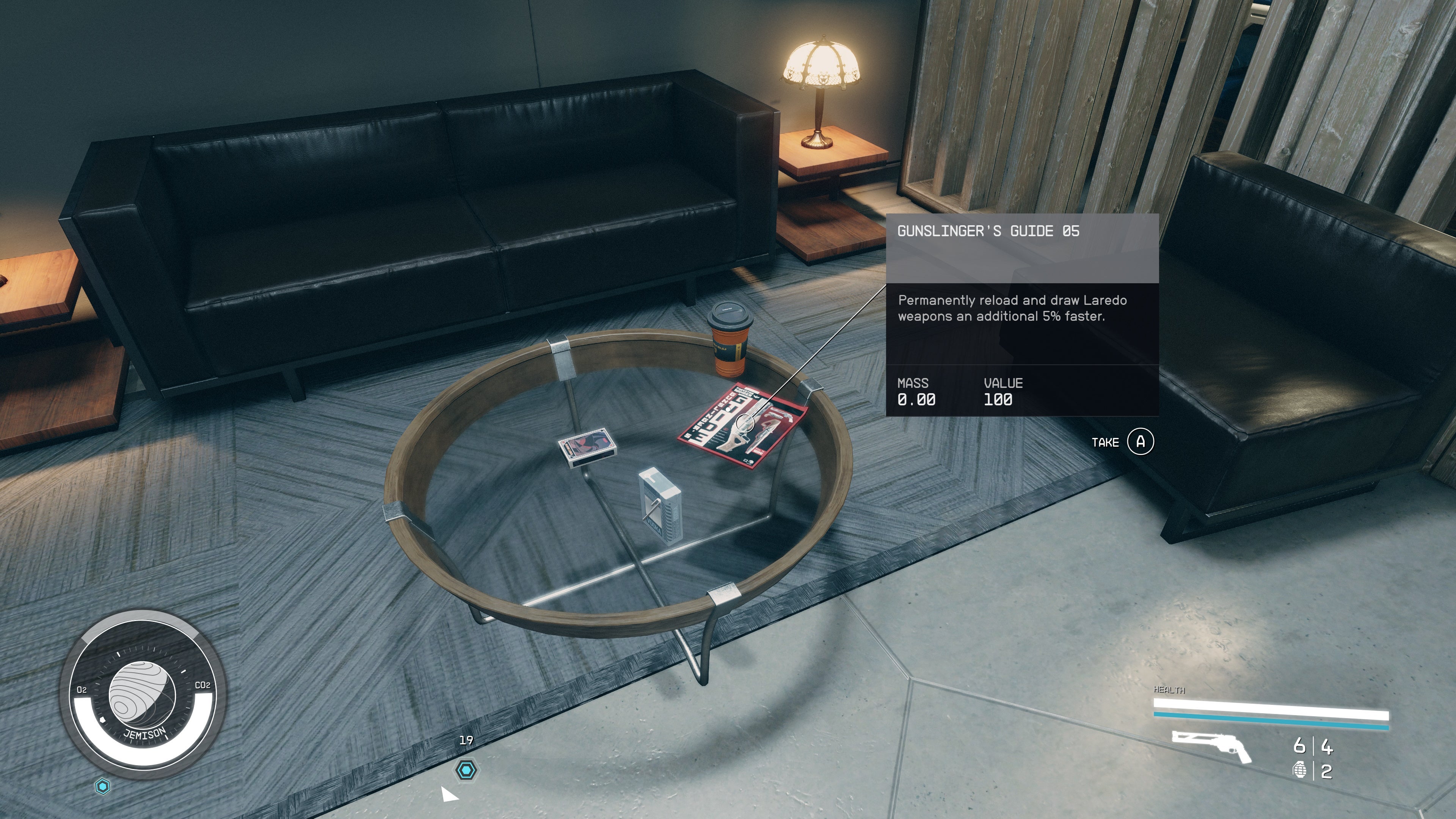 first person view of gunslingers guide skill book on a round glass coffee table