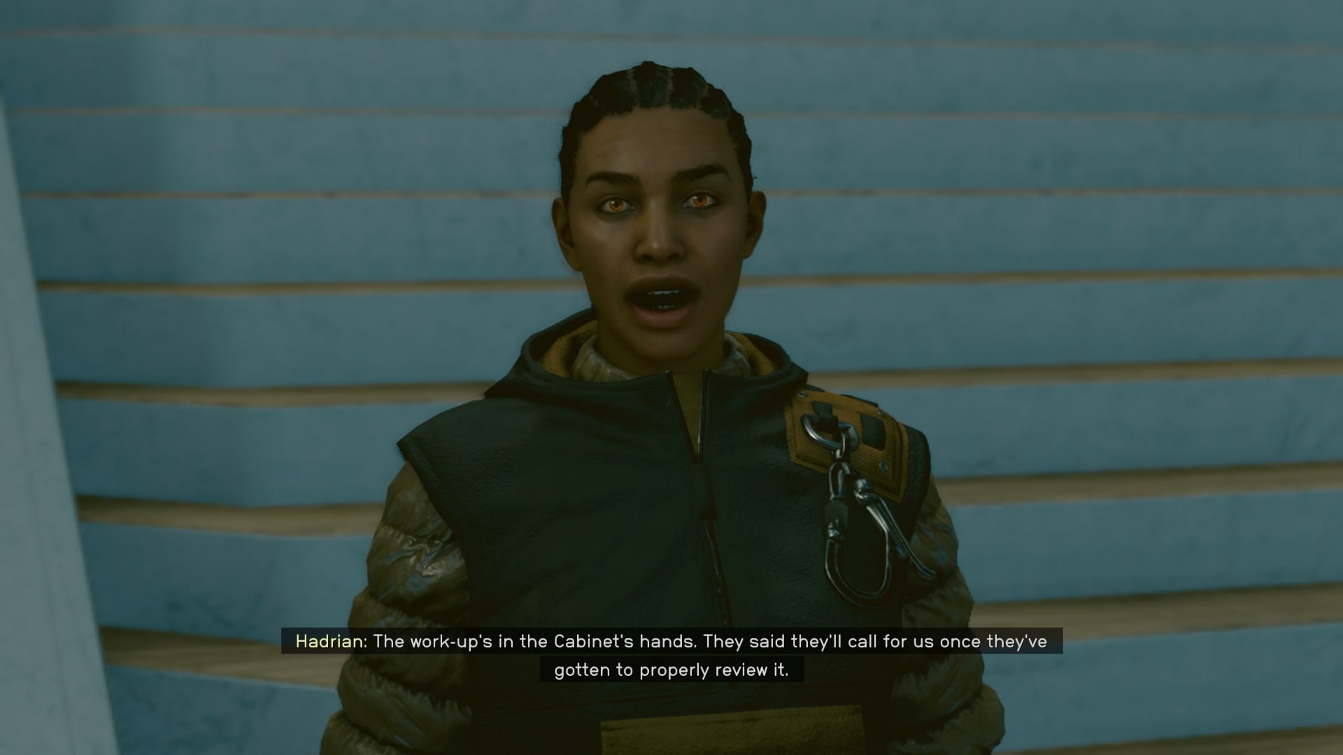 The player speaks with Hadrian outside of the MAST building in Starfield