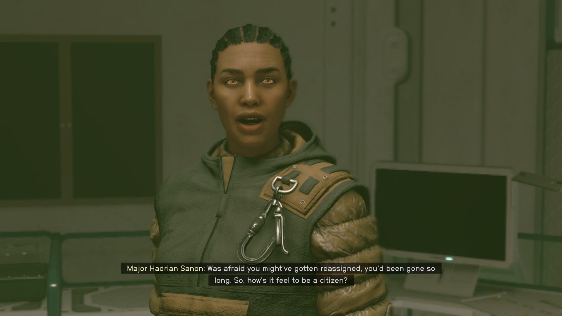 The player speaks with Hadrian about having found her research team in Starfield - 3