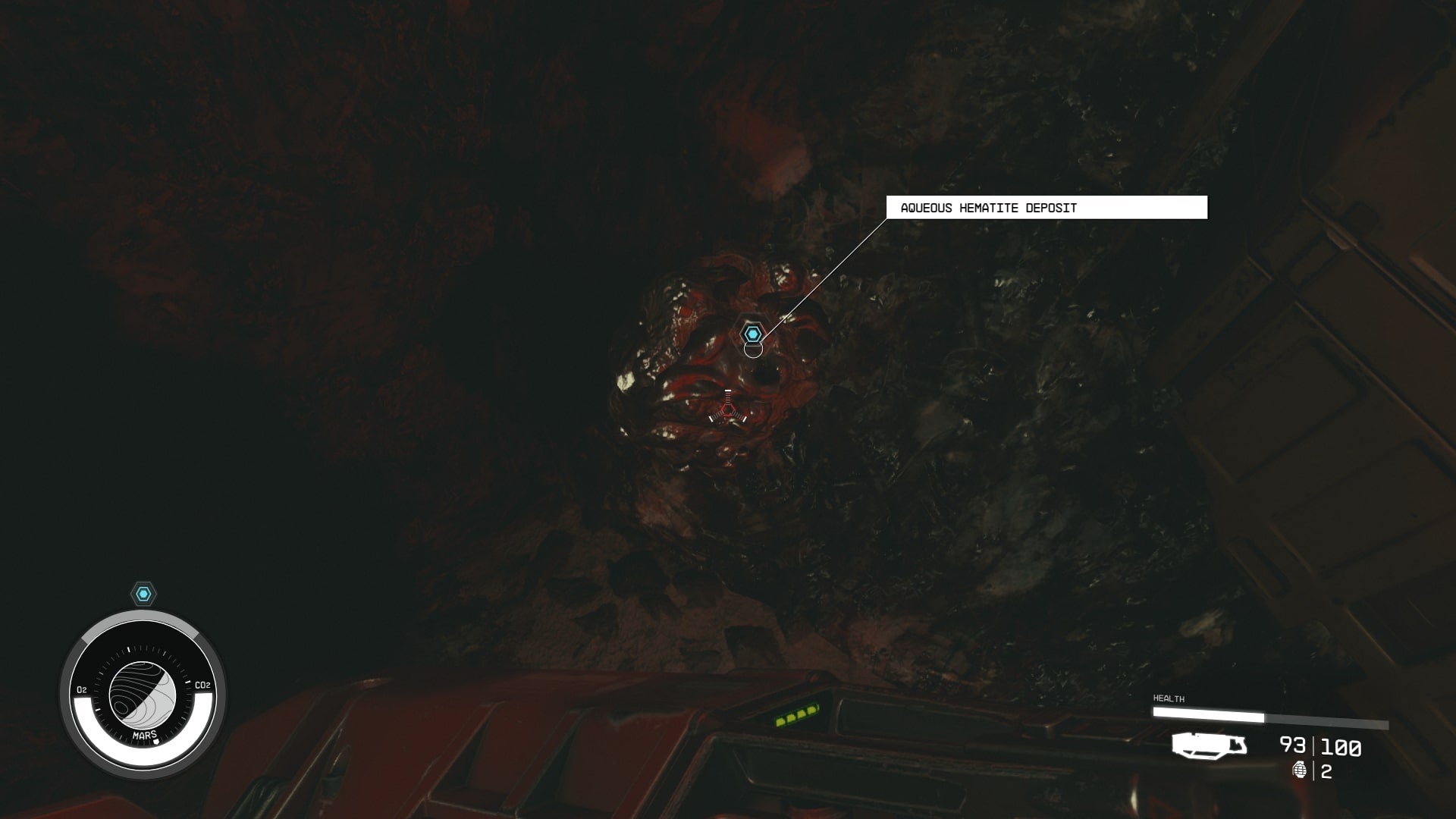 The player faces an Aqueous Hematite deposit in Starfield