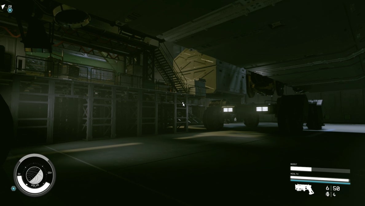The player faces the entrance to the ship in HopeTech's warehouse in Starfield - 3