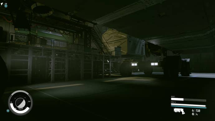 The player faces the entrance to the ship in HopeTech's warehouse in Starfield