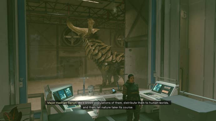 The player looks at a living Aceles in Red Devils HQ in Starfield