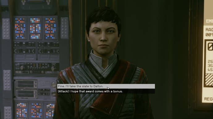 The player speaks to Imogene in the Syndicate hideout in Neon in Starfield