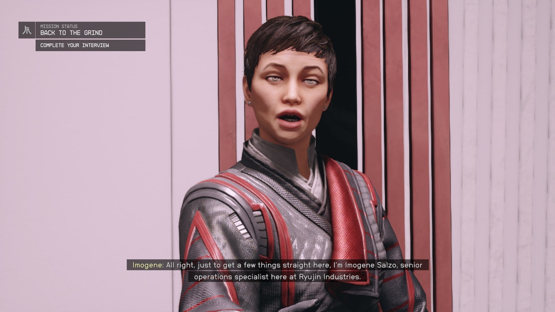 The player speaks with Imogene of Ryujin Industries in Starfield