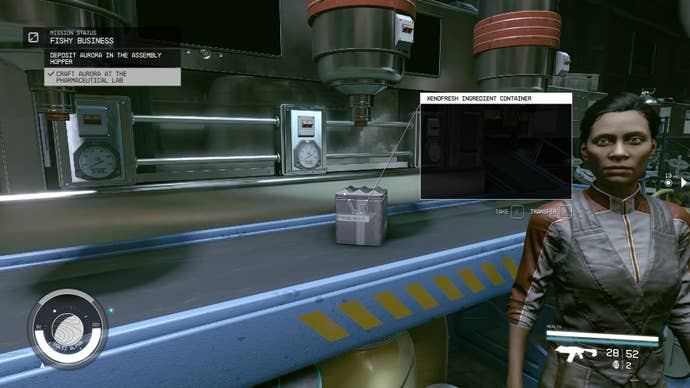 The player faces a box of ingredients on a conveyor belt in the Xenofresh Fisheries in Starfield
