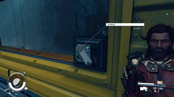 The player faces an intercom device next to Mathis while escaping the Lock in Starfield