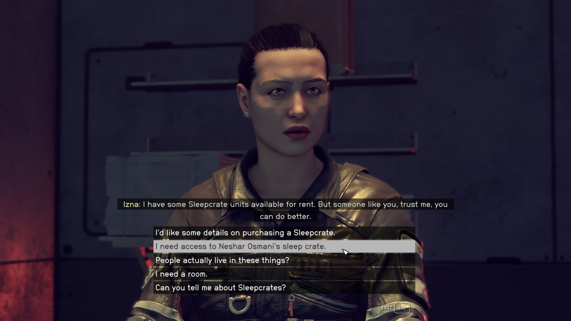 The player speaks with Sleepcrate manager, Izna, about getting access to Neshar's Sleepcrate in Starfield - 4