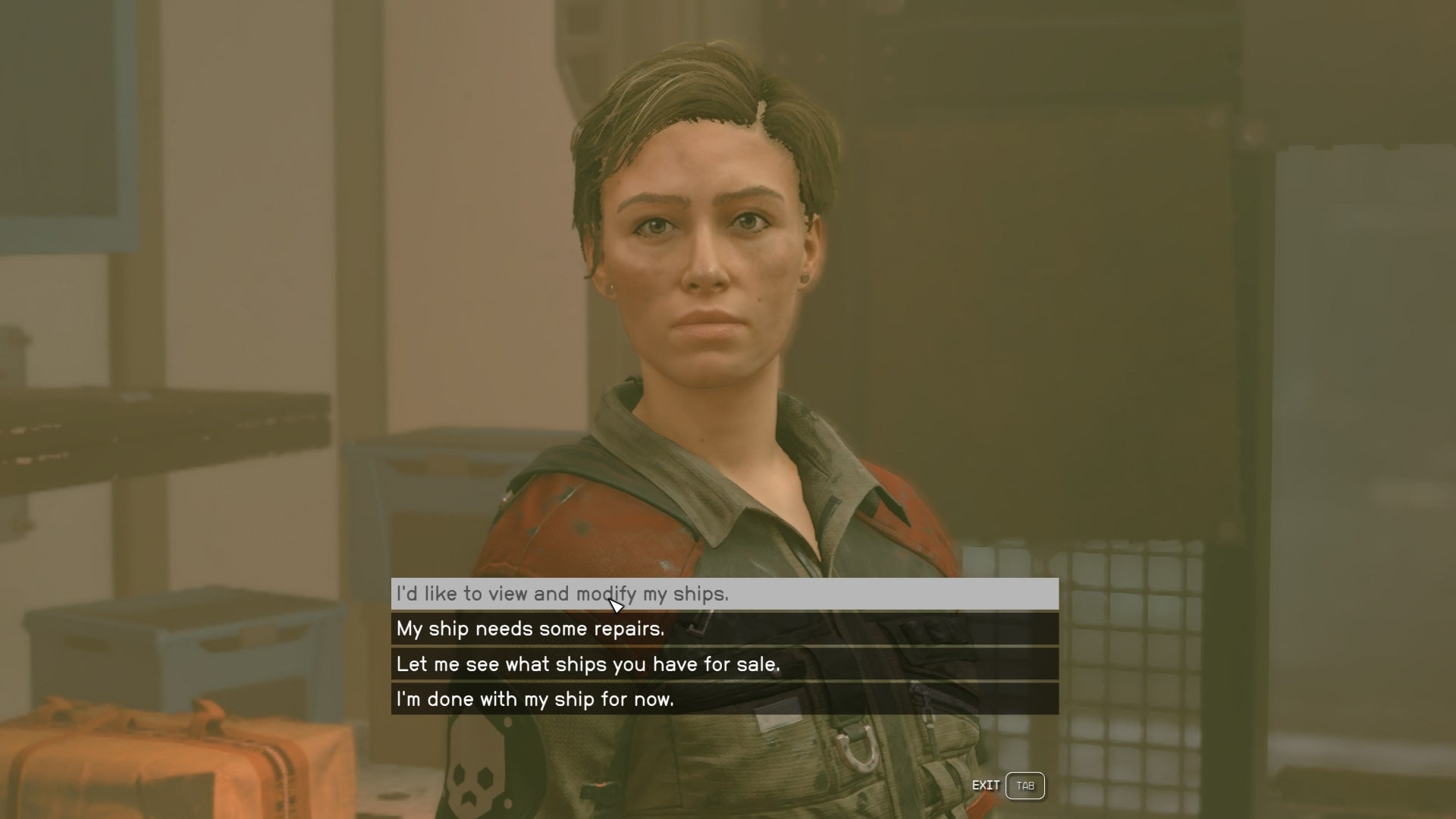 The player speaks with Jazz in the repair bay of the Key about upgrading their ship in Starfield